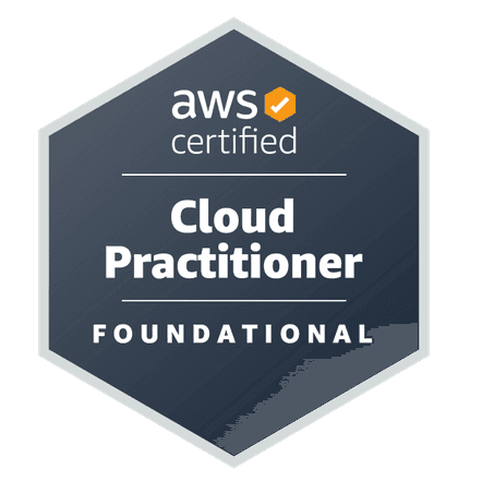 AWS Certified Cloud Practitioner Foundational badge with a hexagonal shape and a dark blue background.