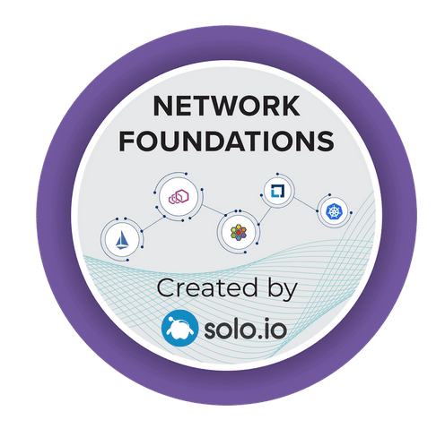 Network Foundations badge with tech icons and Solo.io logo on a purple circular background.