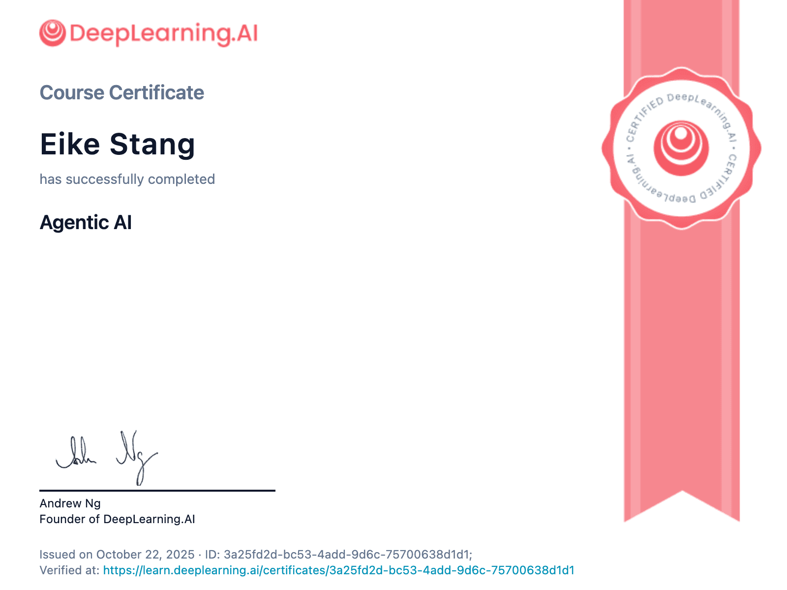 Certificate for completion of Agentic AI course by DeepLearning.AI, signed by Andrew Ng.
