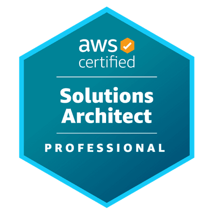 AWS Certified Solutions Architect Professional badge with a blue hexagonal design.