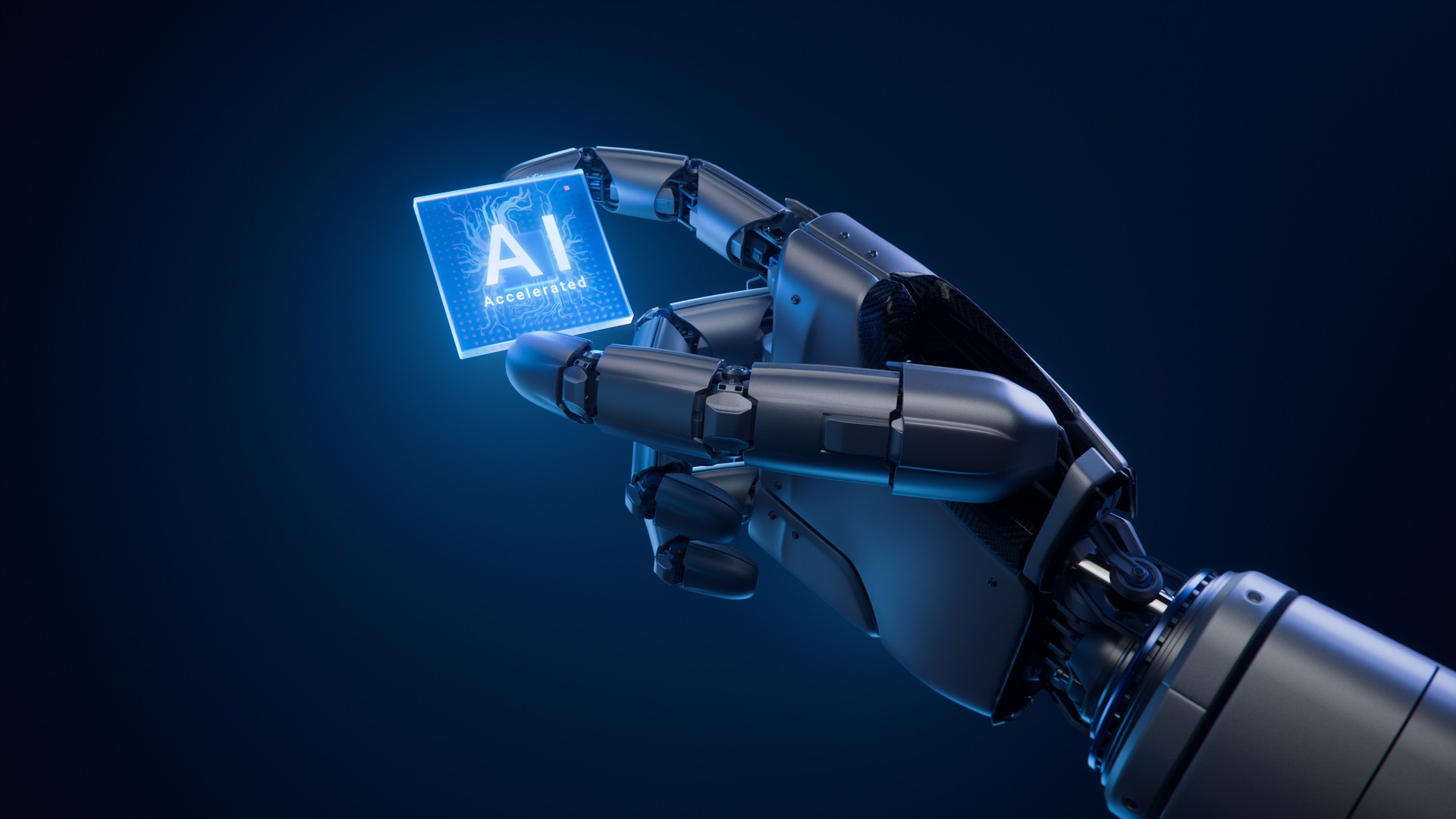 Die Metallhand des humanoiden Roboters hält den innovativen und fortschrittlichen KI-beschleunigten Chip an seinen Fingerspitzen. Humanoide Roboterhand mit leuchtendem futuristischem Prozessor. Mikrochip für künstliche Intelligenz