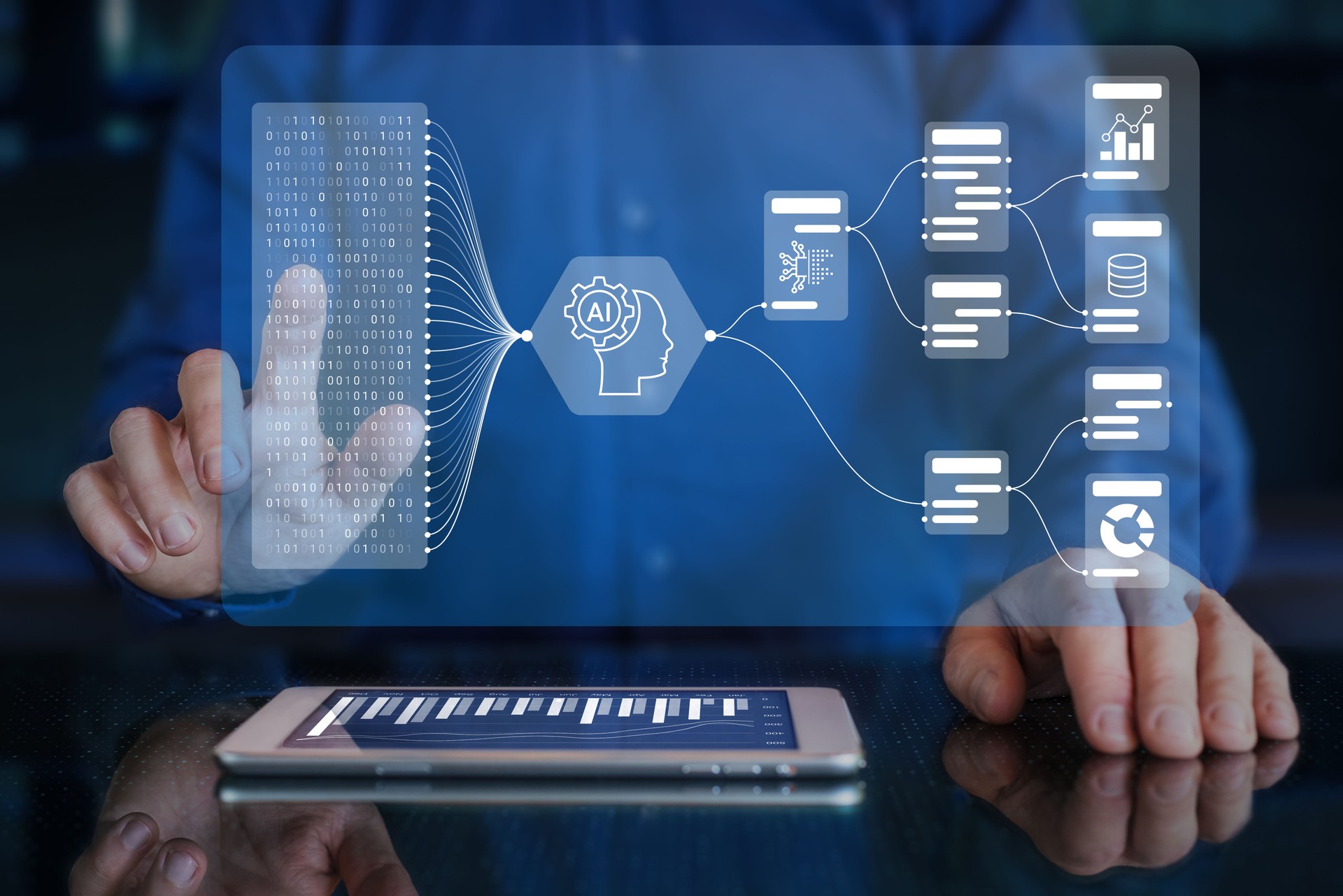 KI-gesteuerter Workflow, Automatisierung von Geschäftsberichten mit KPIs und Datenmanagementanalysen, Big-Data-Integration und prädiktiven Erkenntnissen. Geschäftsmann, der den virtuellen Bildschirm mit Entscheidungstechnologie berührt.