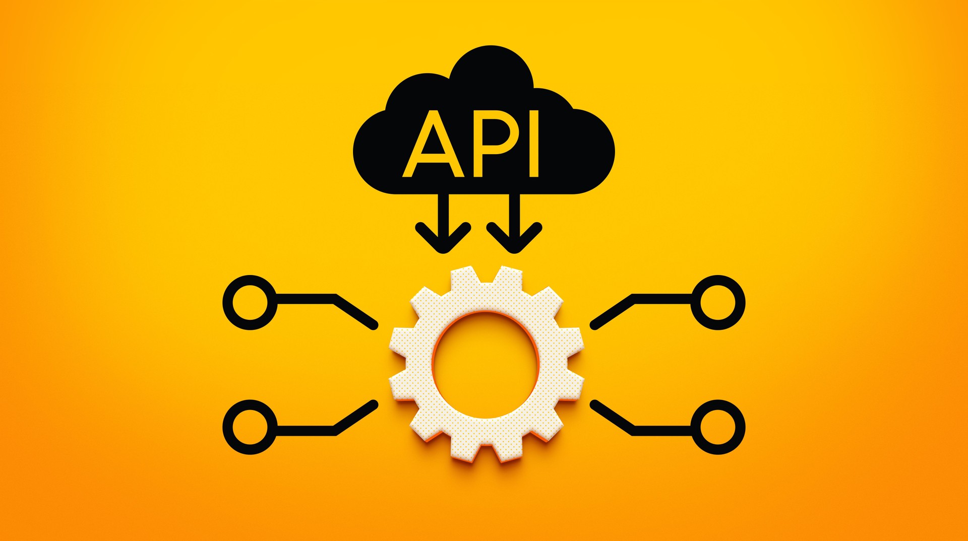 3D-Cloud- und Schaltungsdesign, das Data Science und API-Integration auf gelbem Hintergrund darstellt