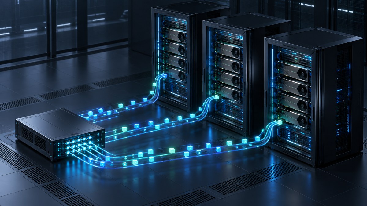 Illustration: Ein zentraler Router verteilt Tokenströme auf GPU-Server im eigenen Rechenzentrum